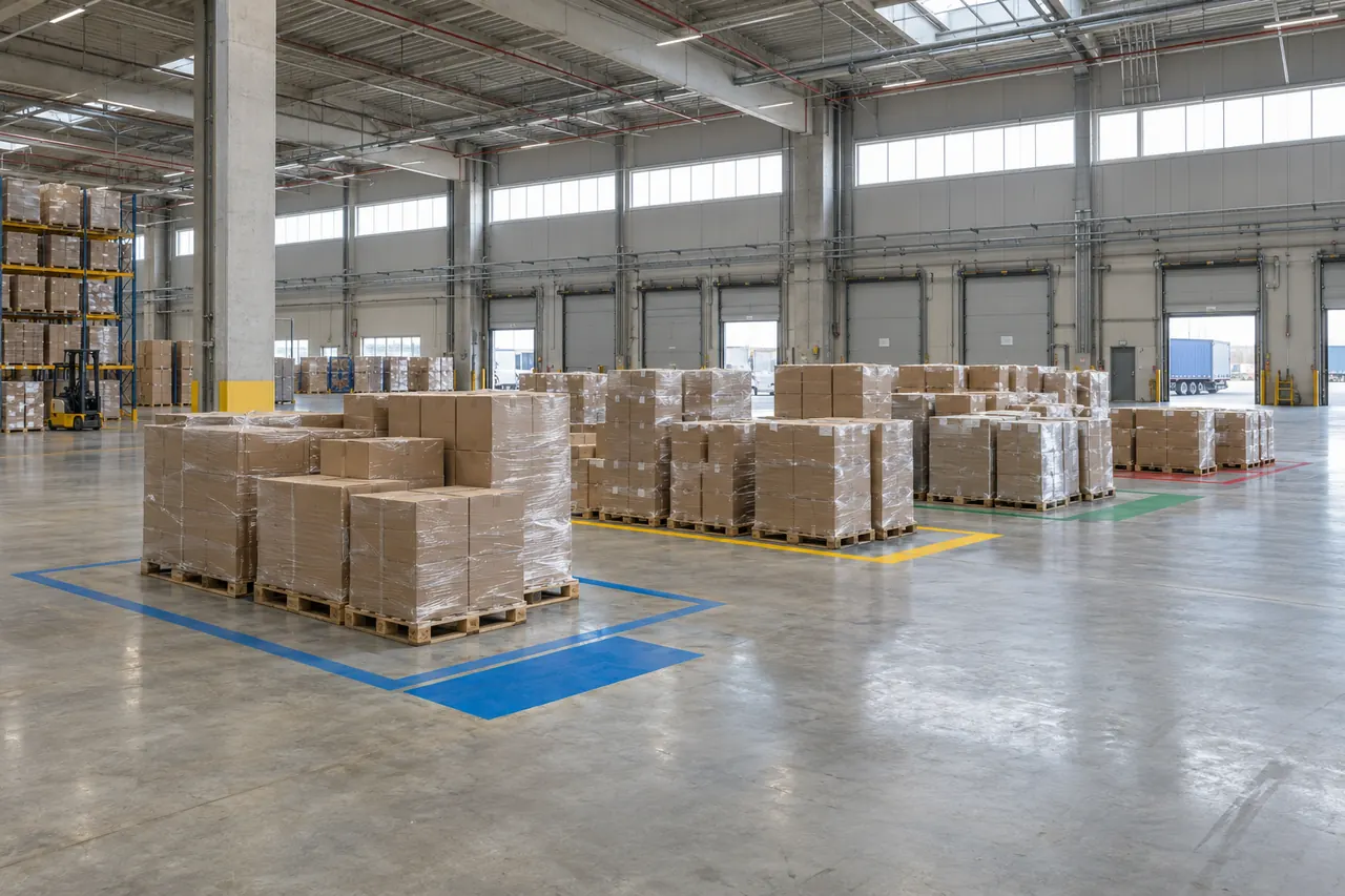 Palets marcados por zonas de destino esperan en el suelo de un almacén de consolidación.